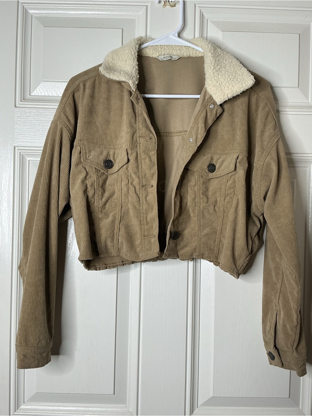 Womens Cropped Corduroy Jacket with Sherpa Collar - Tan